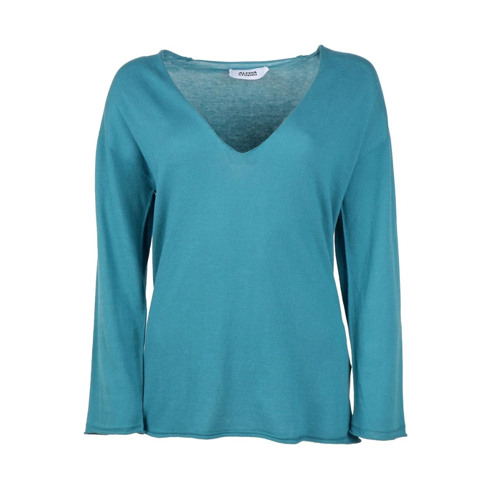 Alpha Studio Groene Katoenen V-hals Trui Green Dames