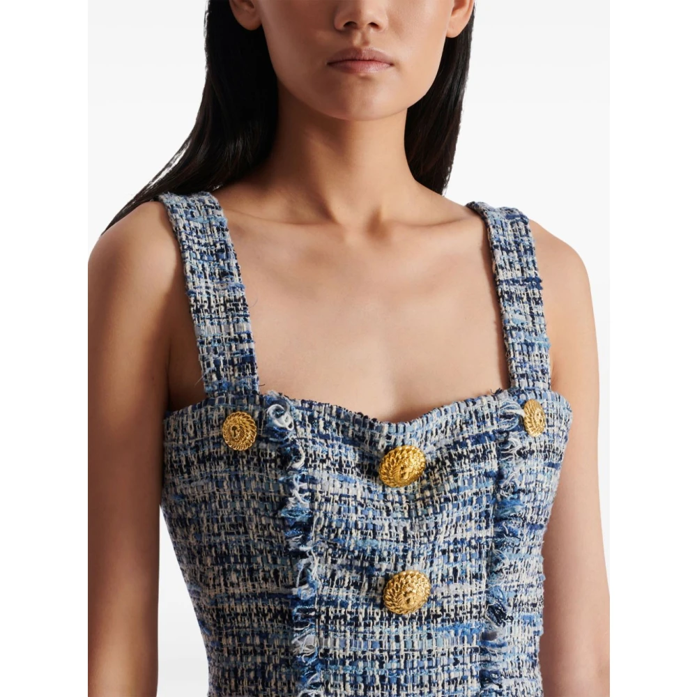 Balmain Korte Tweed Jurk Blue Dames