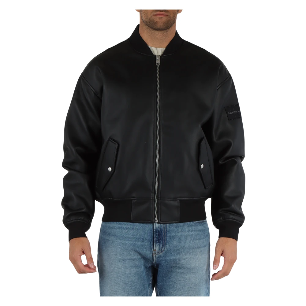 Calvin Klein Jeans Bomberjack van imitatieleer met logopatch Black Heren