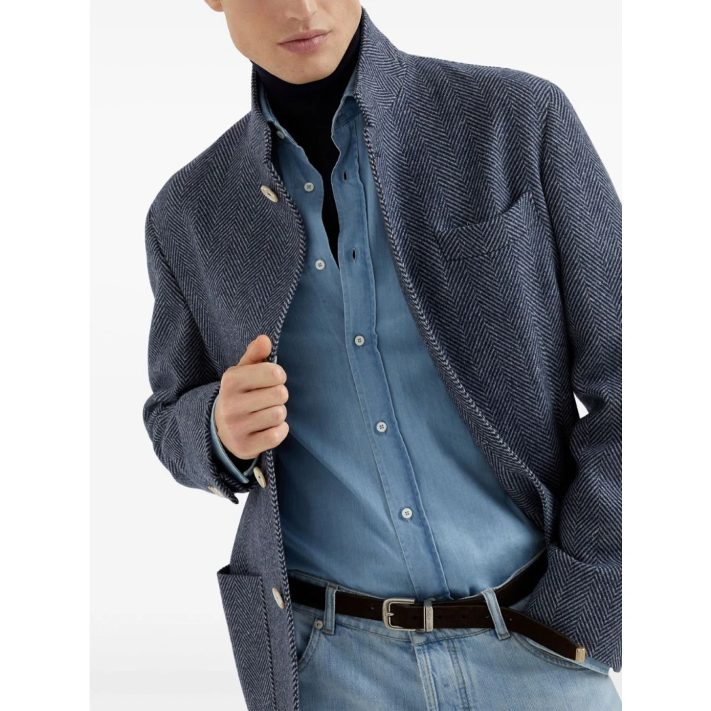 BRUNELLO CUCINELLI Navy Cashmere Wool Jackets Herringbone Blue Heren