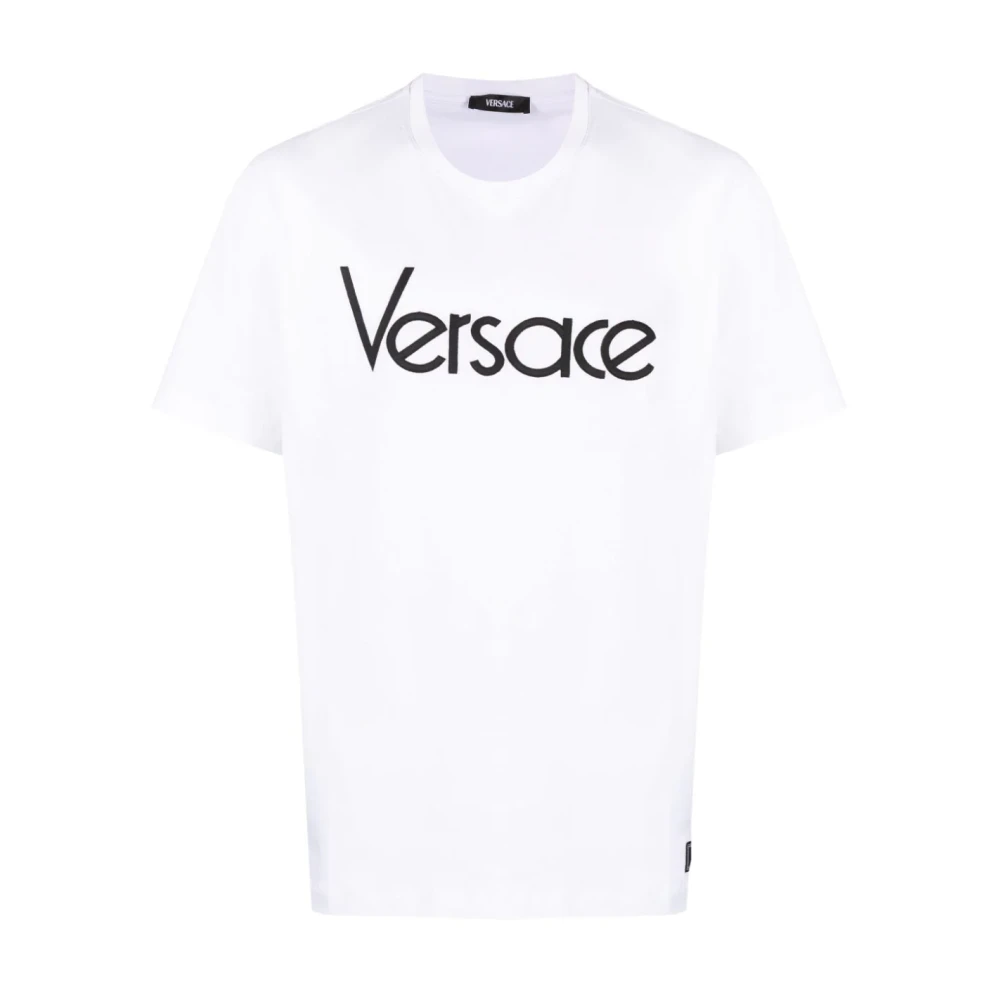 Versace Men's White Logo Embroidered T-Shirts And Polos