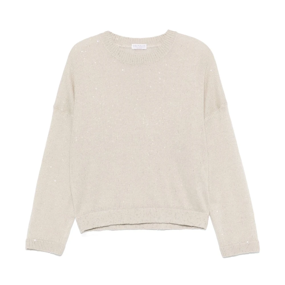 Brunello Cucinelli Gray Light Beige Linen Silk Crewneck Jumper - Female - Round-Neck Knitwear - L - Knitwear