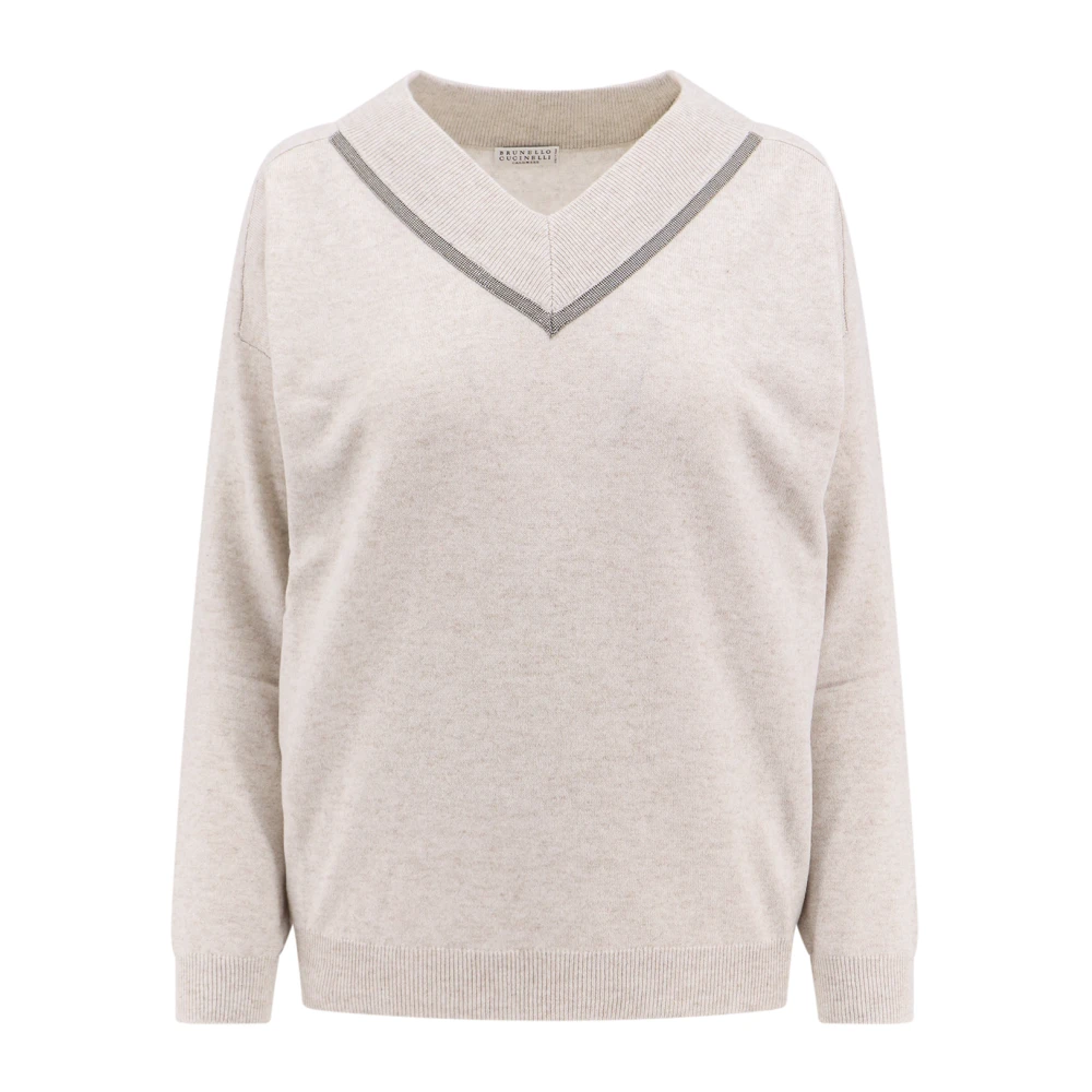 BRUNELLO CUCINELLI Cashmere V-hals Sweater met Monili Profiel Gray Dames