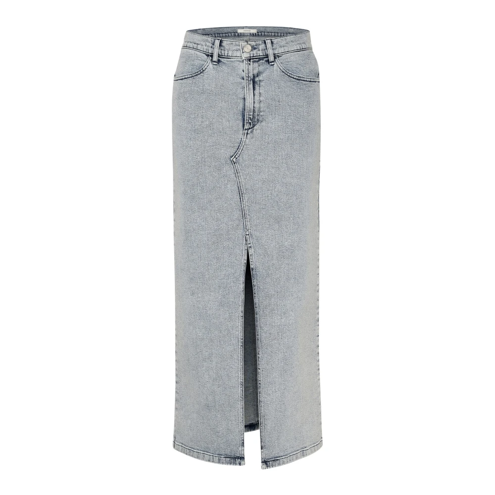 Denim Maxi Skjørt med Høy Midje og Frontsplitt