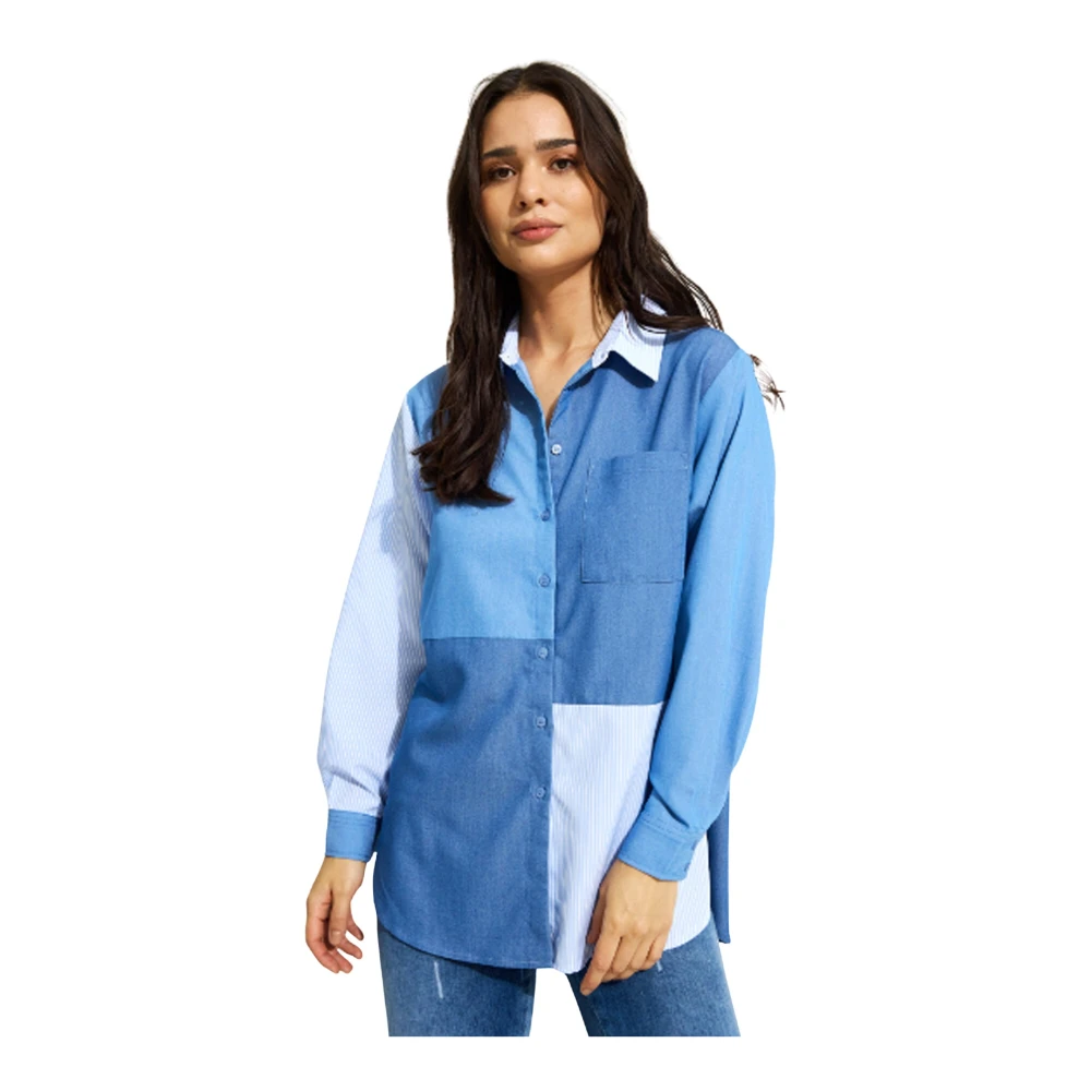 IN Front Blauwe Patchwork Shirt met Zak Blue Dames