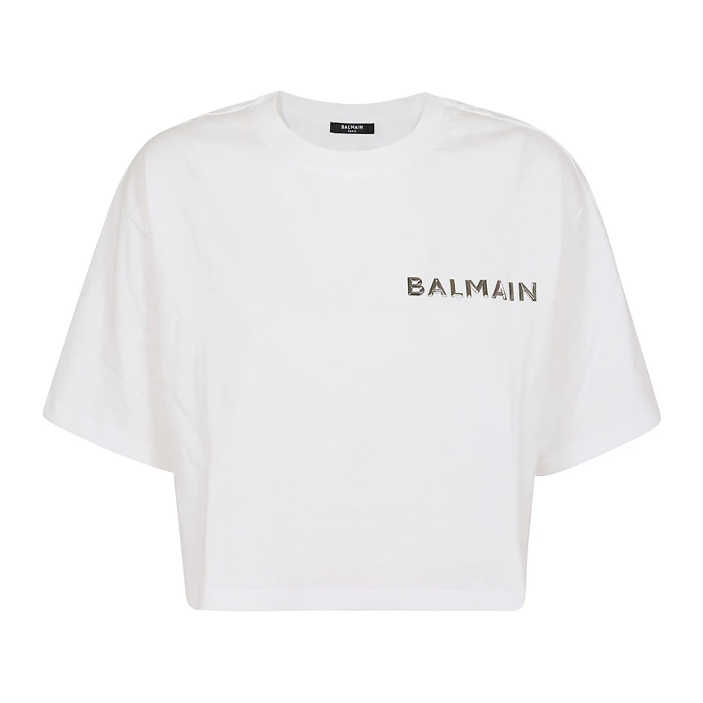 Balmain Cropped T-Shirt met Metallic Logo White Dames