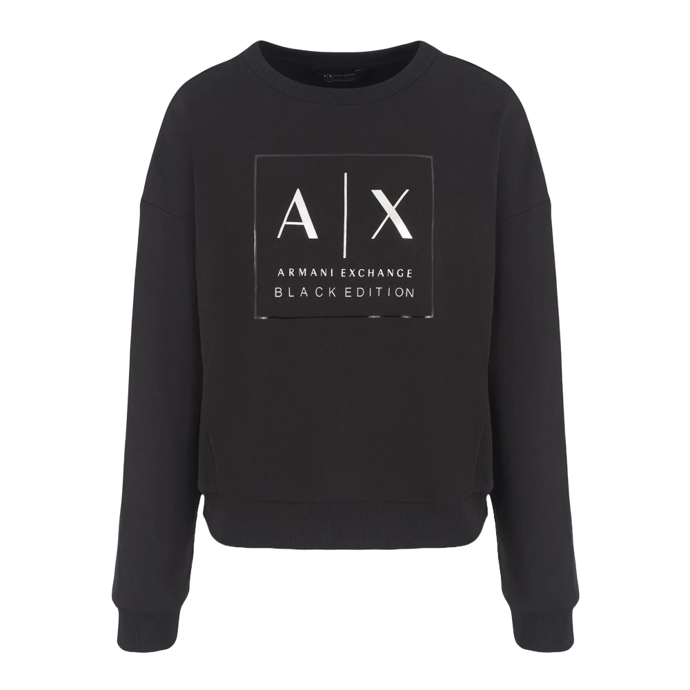 Armani Exchange Zwarte Logo Trui Ronde Hals Lange Mouw Black Dames