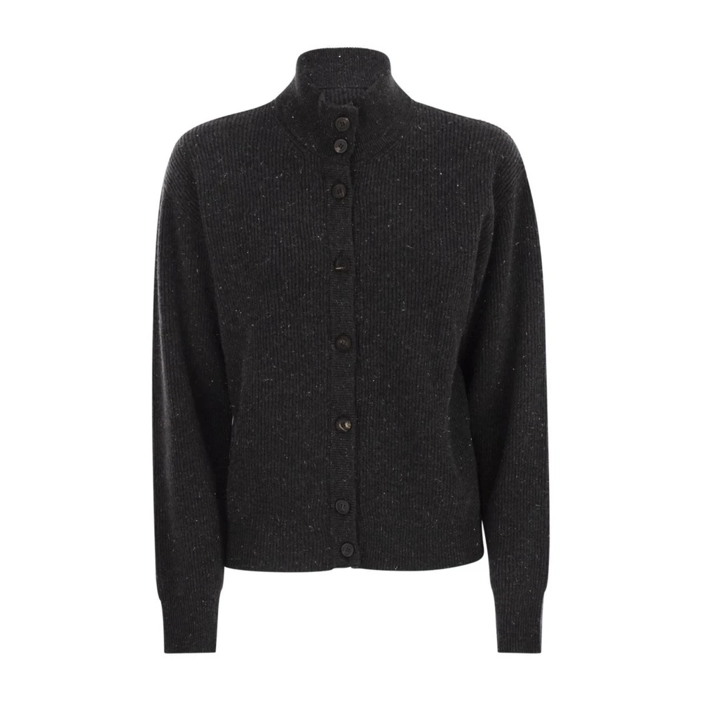 Peserico Gray Ribbed Mock Neck Button-Up Cardigan - Female - Cardigans - Xl - Knitwear