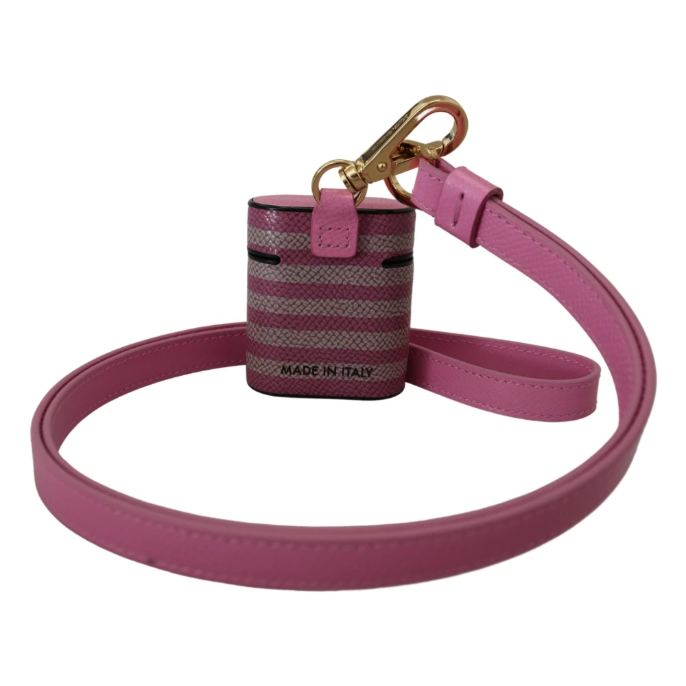 Dolce & Gabbana Roze Zwarte Leren Airpods Hoesje met Gouden Metalen Logo Pink Dames
