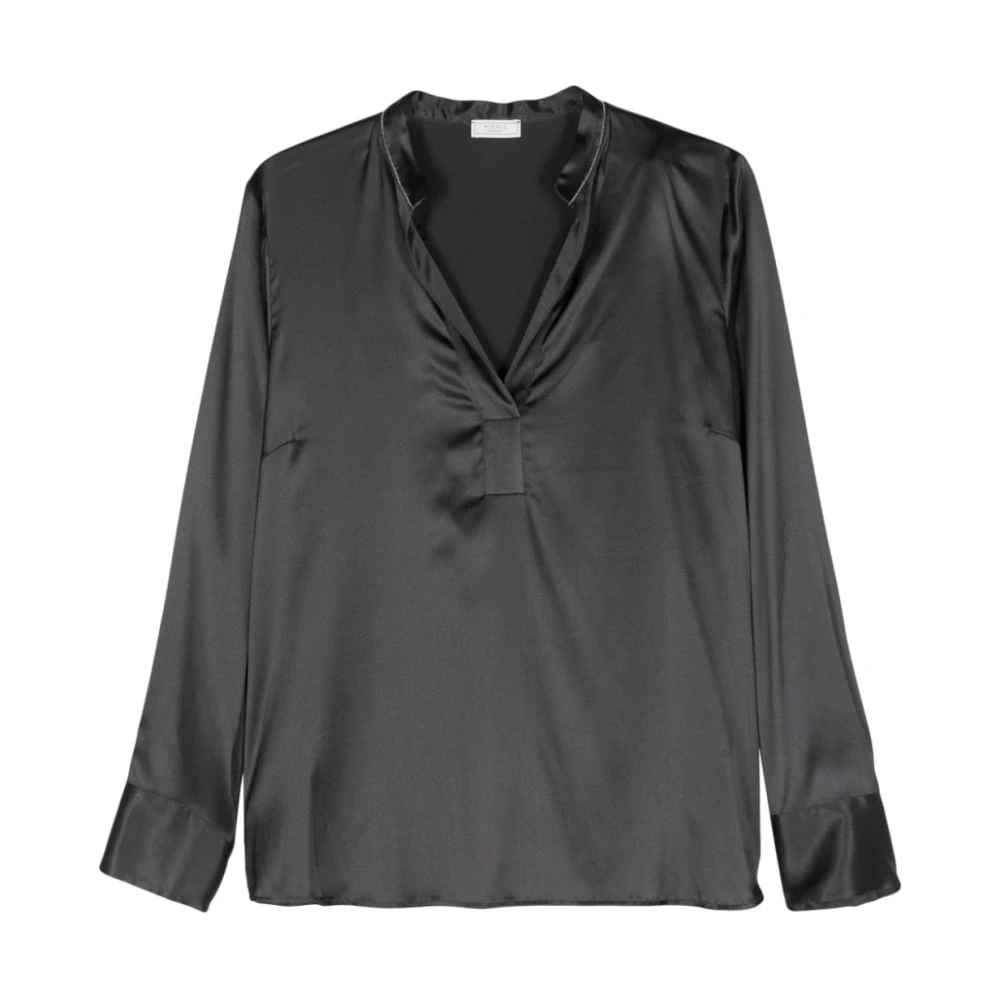 PESERICO Zwarte Zijden Ketting Shirt V-Hals Black Dames