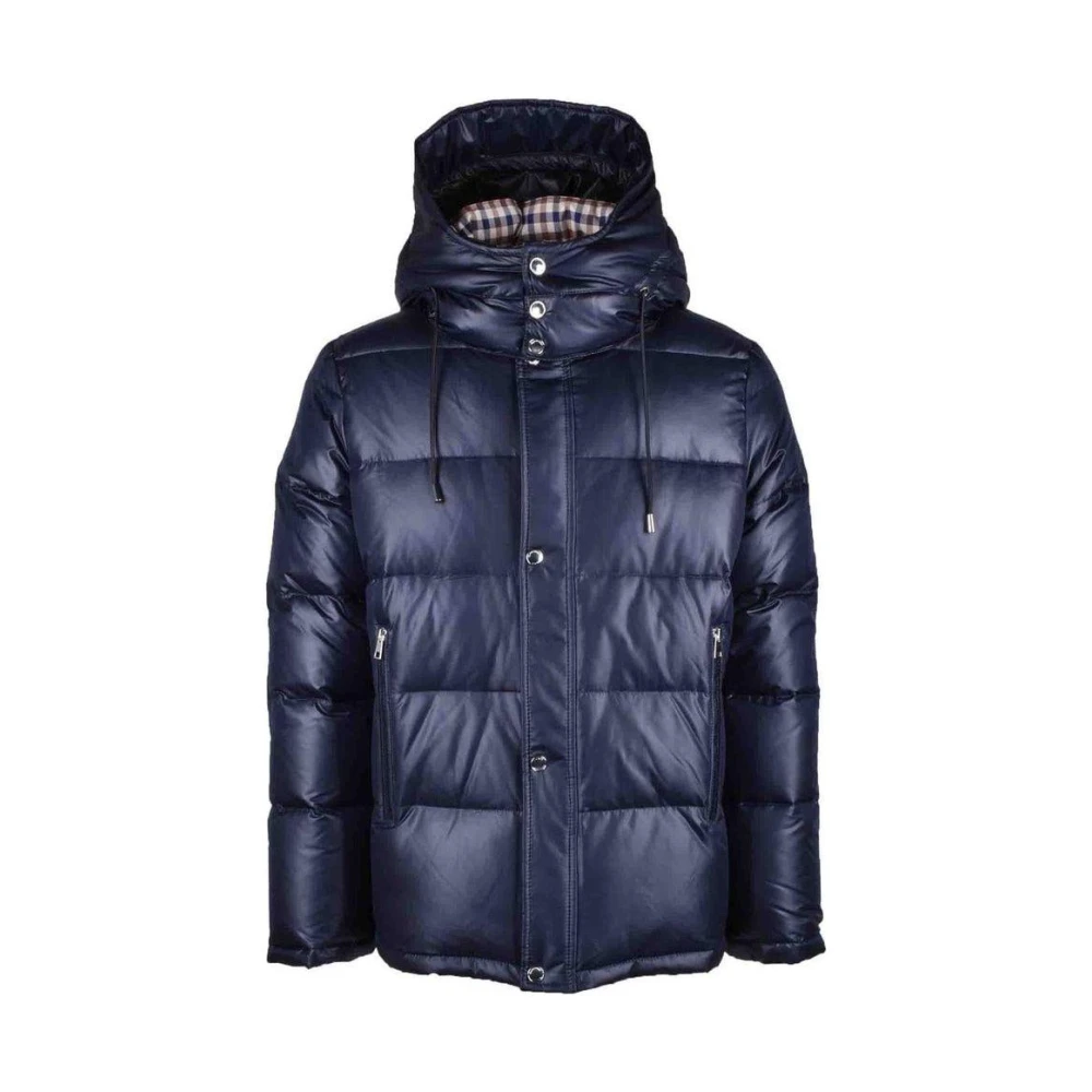Aquascutum Blauwe jas met ruitpatroon en capuchon Blue Heren