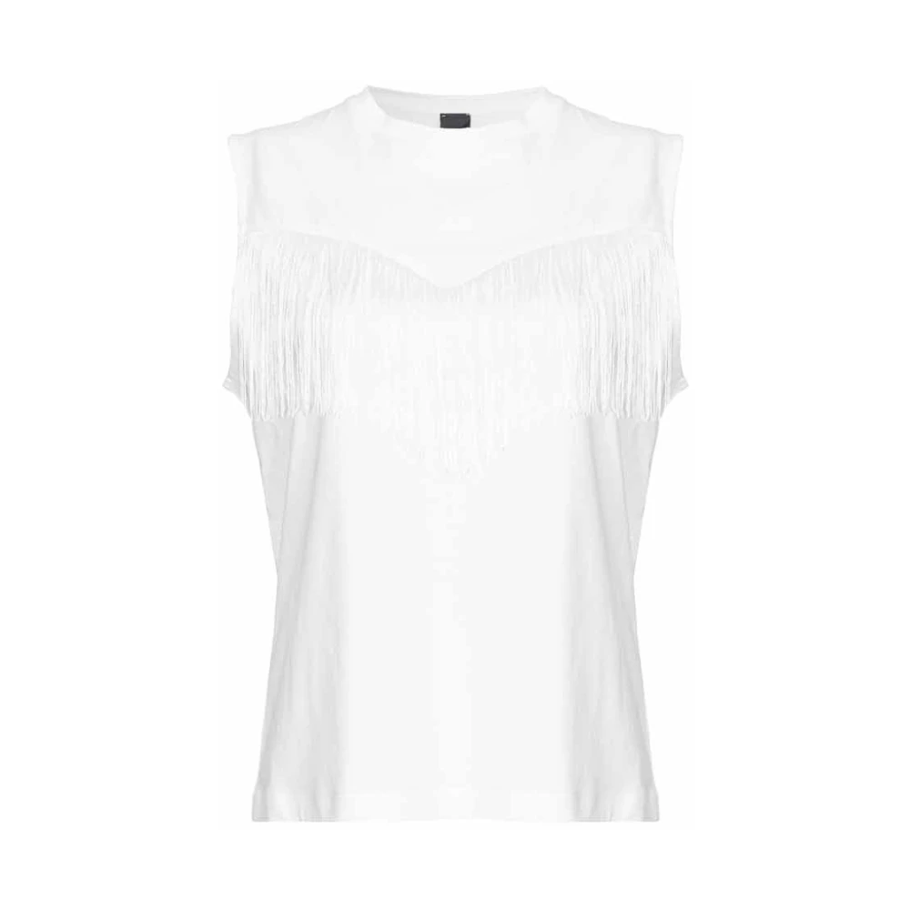 Pinko Witte Mouwloze Katoenen T-shirt met Franje Detail White Dames