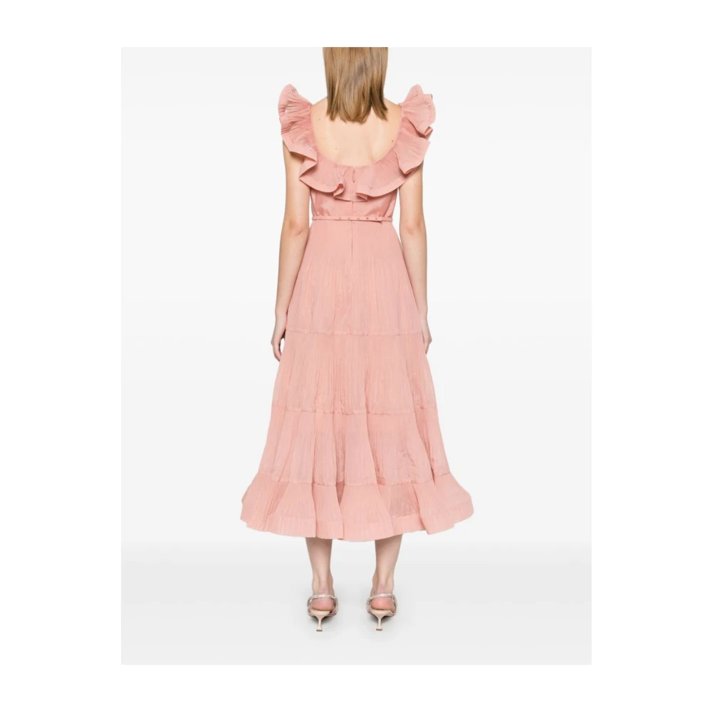 Zimmermann Koraalroze Midi Jurk met Ruche Pink Dames