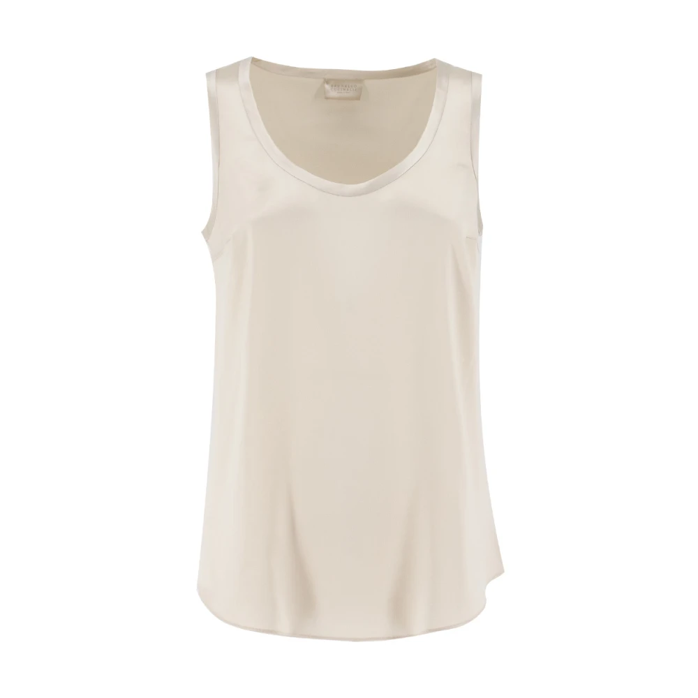 Brunello Cucinelli Beige Sleeveless Tops, Female, L, Ivory Silk Top With Shiny Effect