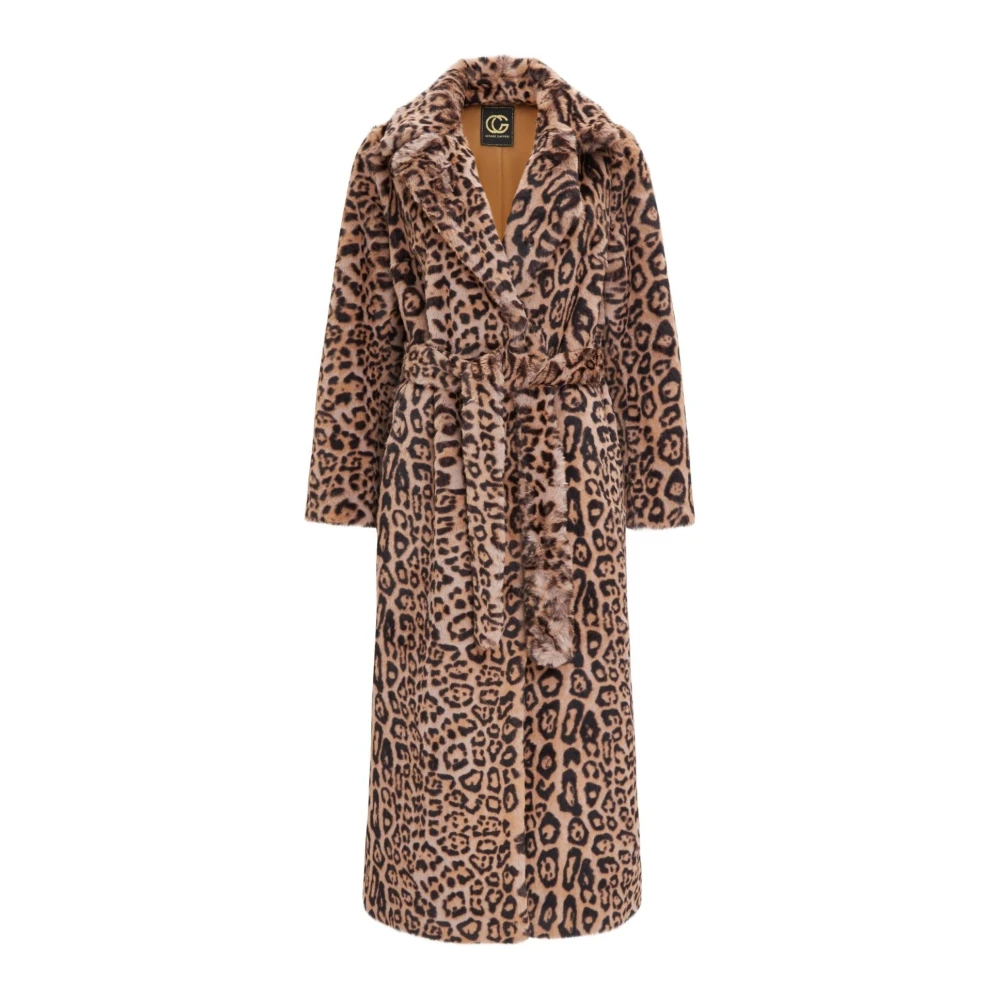 Cesare Gaspari Vrouw Bruin Jassen Dames, L, Polyester, Animal Print Lange Winterjas
