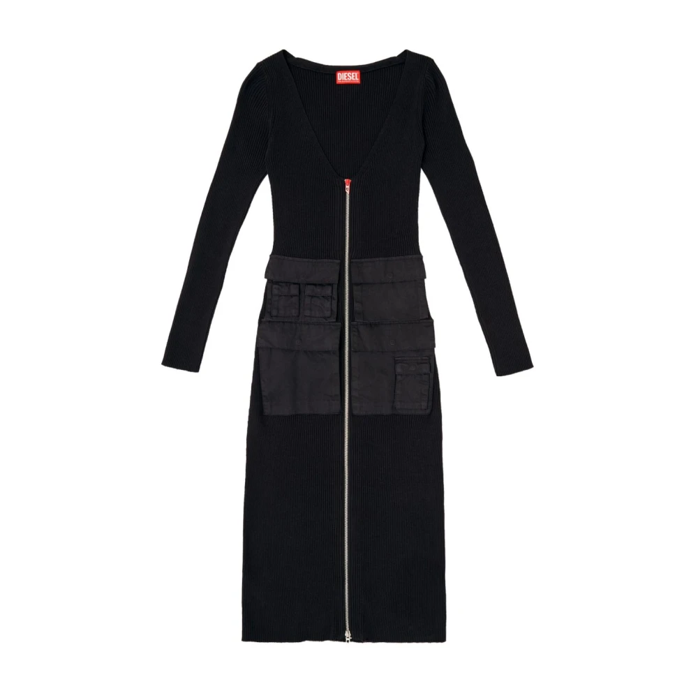 Diesel Women's Black Knitted Dresses, M, Ribbed Dress With Cargo Pockets