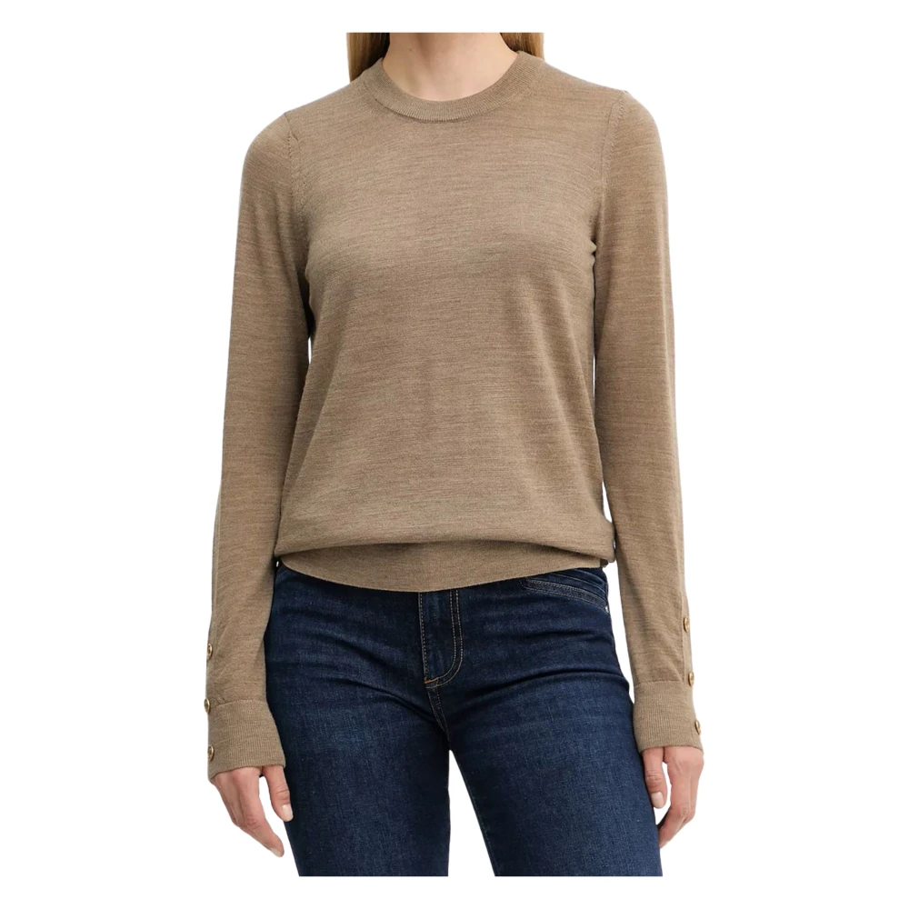 Michael Kors Women's Brown Round-Neck Knitwear, S, Merino Button Sleeve Jumper