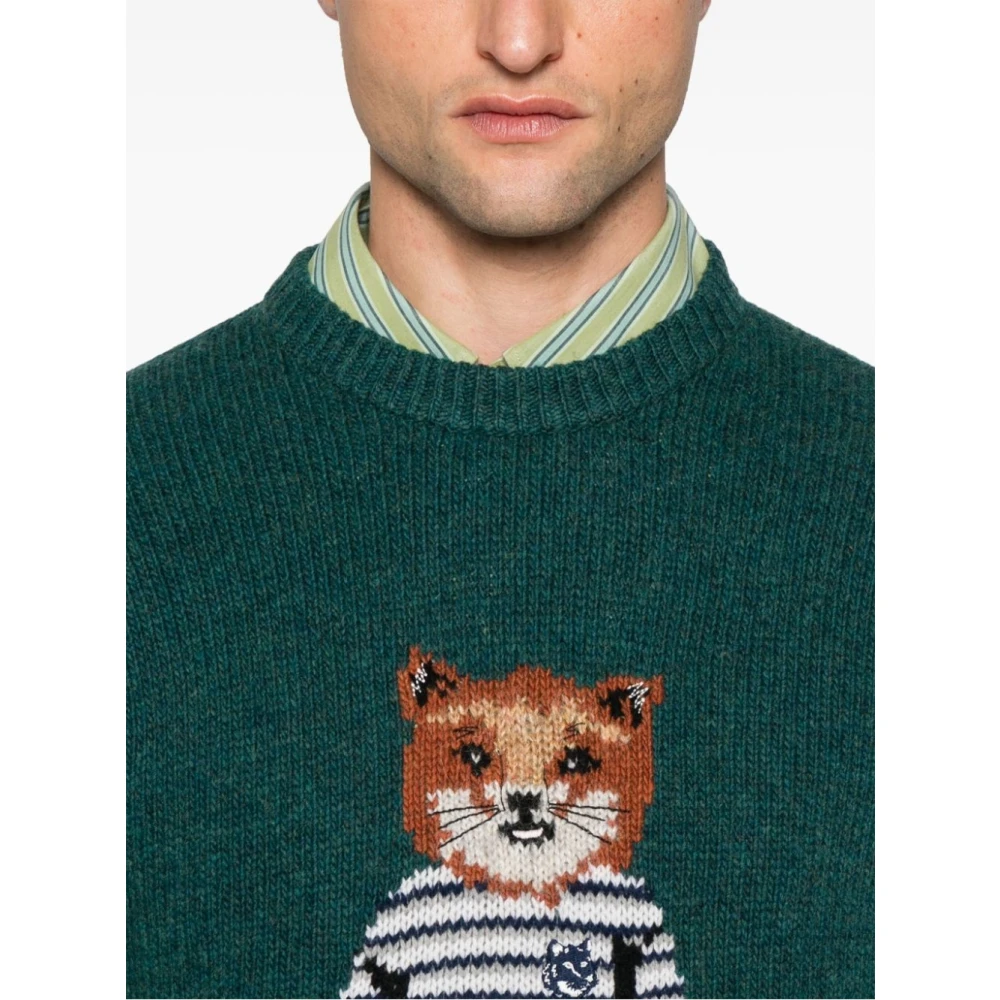 Maison Kitsuné Vos Intarsia Trui in P373 Kleur Green Heren