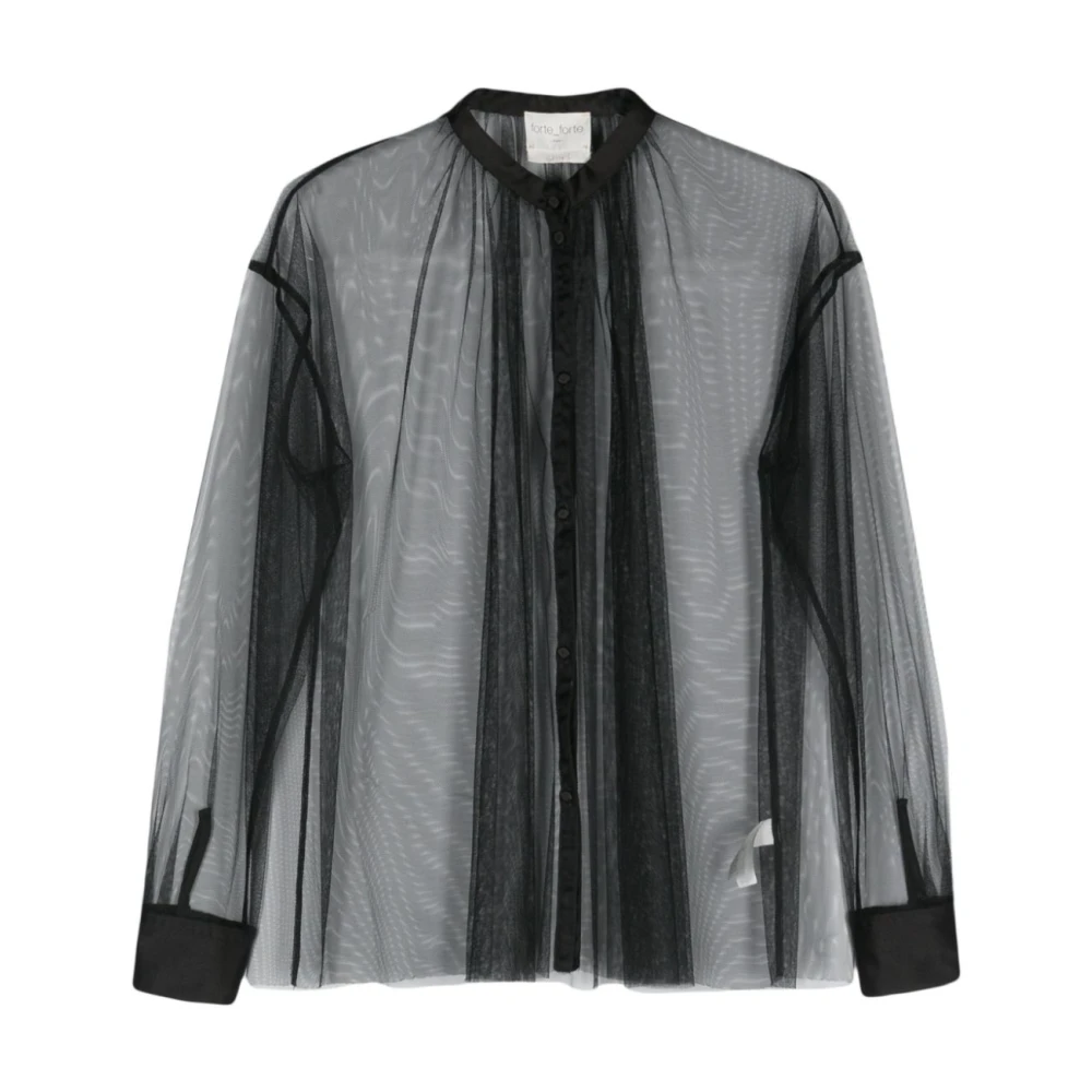 Forte Bohemian Shirt van Tule met Mandarin Kraag Black Dames