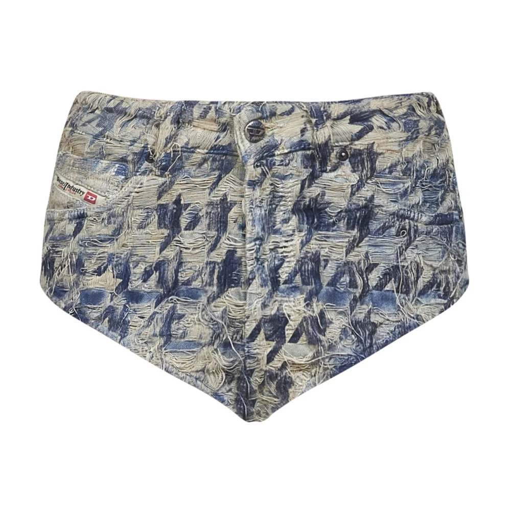 Diesel Blue Frayed Denim Shorts With Houndstooth Pattern - Female - Denim Shorts - W26 - Shorts