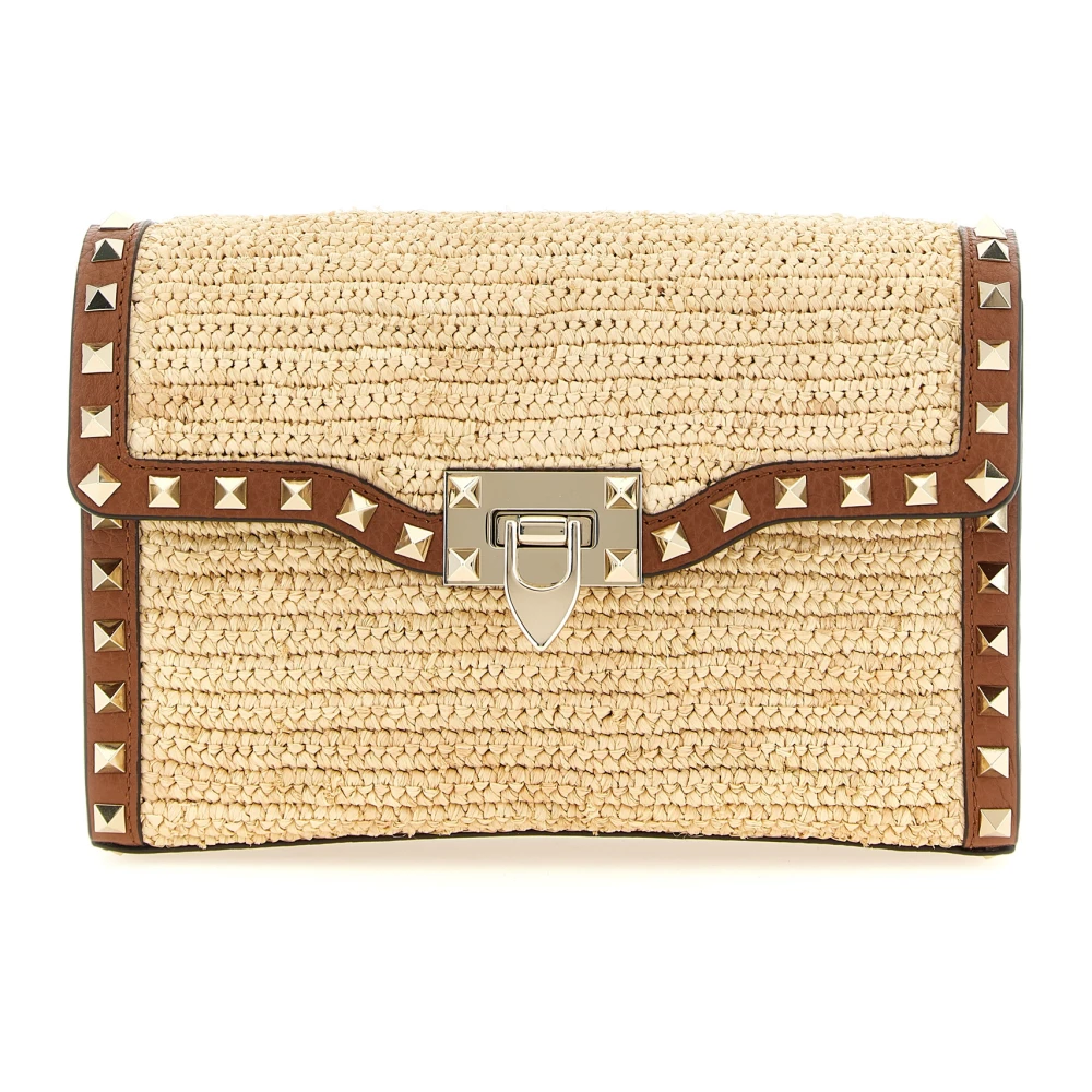 Valentino Garavani Beige Rockstud Small Shoulder Bag In Raffia - Female - Cross Body Bags - One Size - Bags