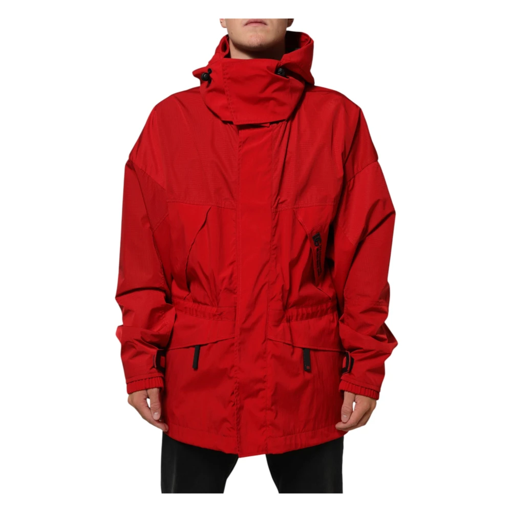 Dolce & Gabbana Men's Red Nylon Hooded Full Zip Parka Jacket