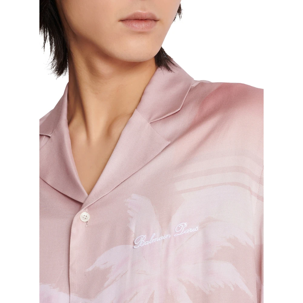 Balmain Kortemouw twill pyjamashirt met ansichtkaartprint Pink Heren