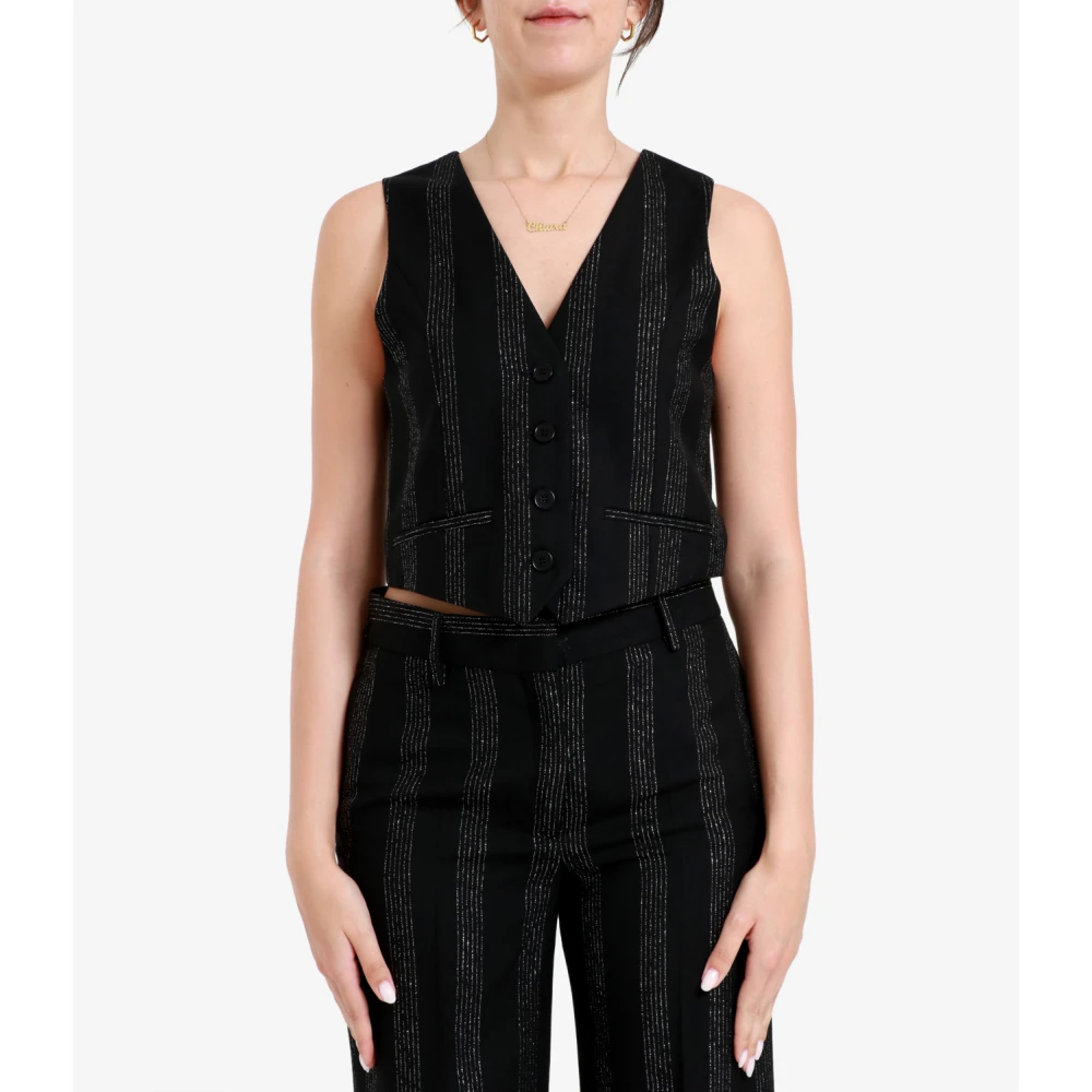 Msgm Zwarte Wollen V-hals Jas Pinstripe Black Dames