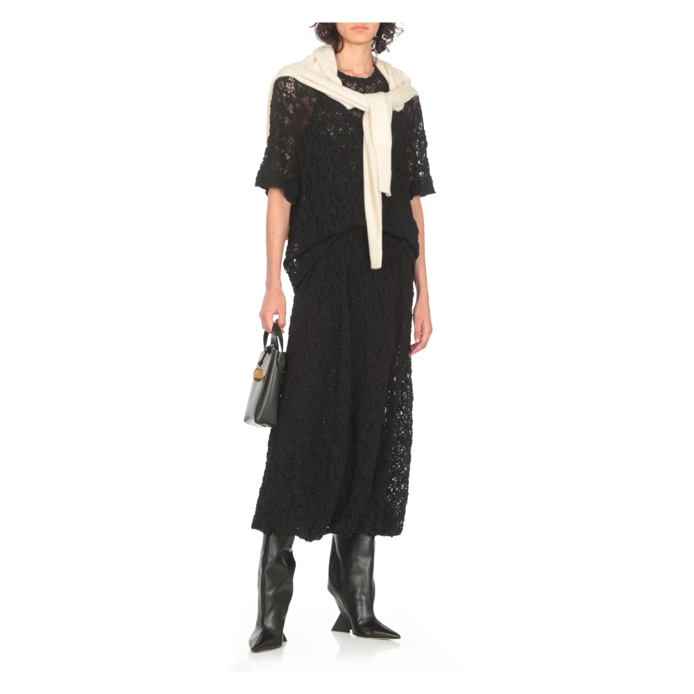 Jil Sander Zwart Kant Top Ronde Hals Korte Mouw Black Dames