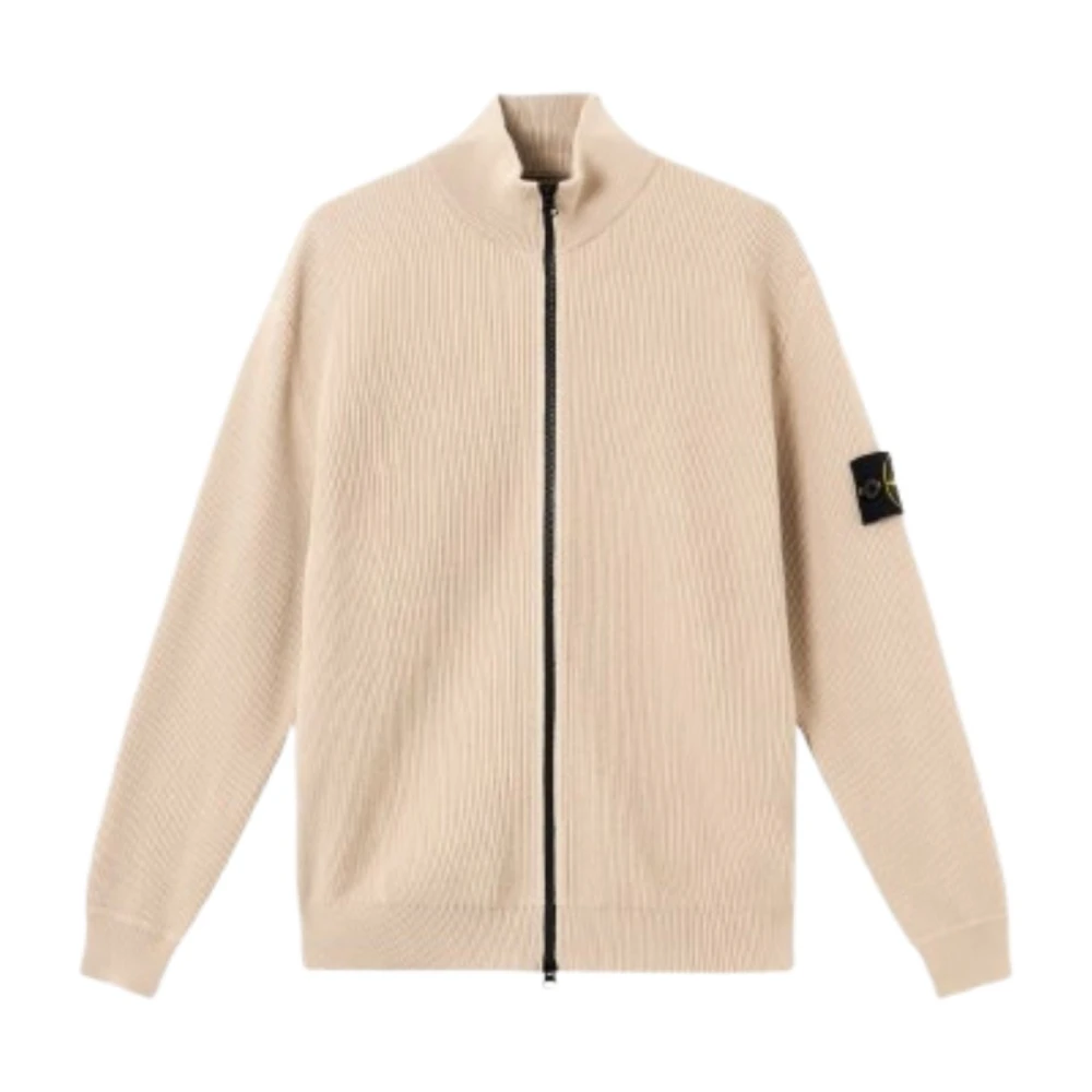 Stone Island Beige Cardigans, Male, 2XL, Ribbed Knit Zip-Up Cardigan