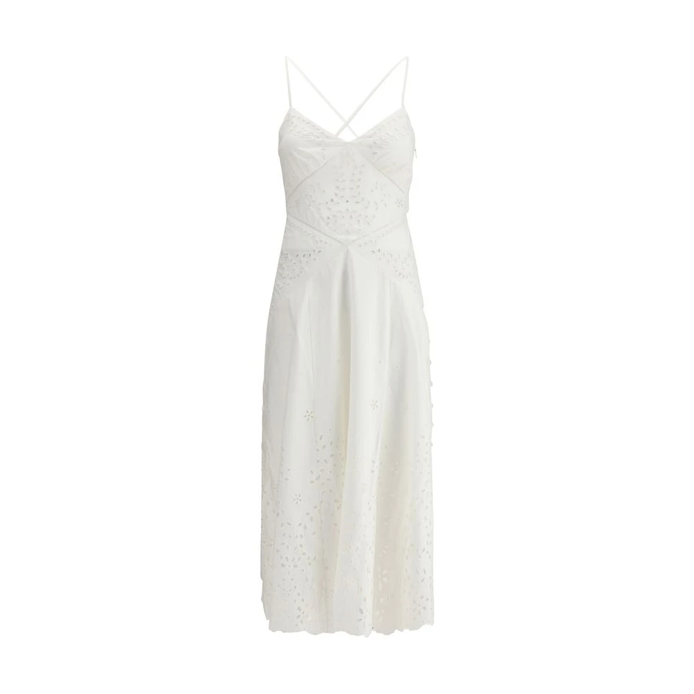 Self Portrait Women's White Embroidered Midi Dress With Sweetheart Neckline
