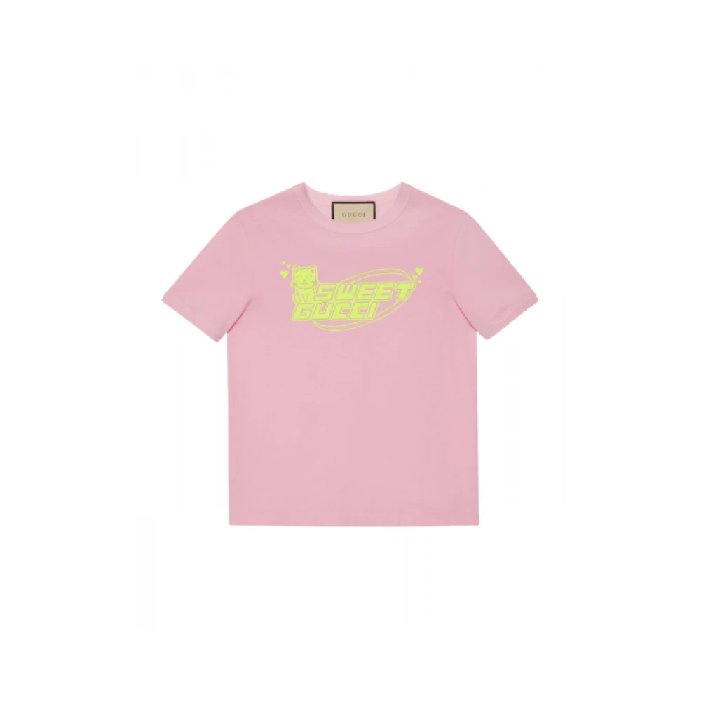 Gucci Katoenen Jersey T-shirt met Kitten Print Pink Dames