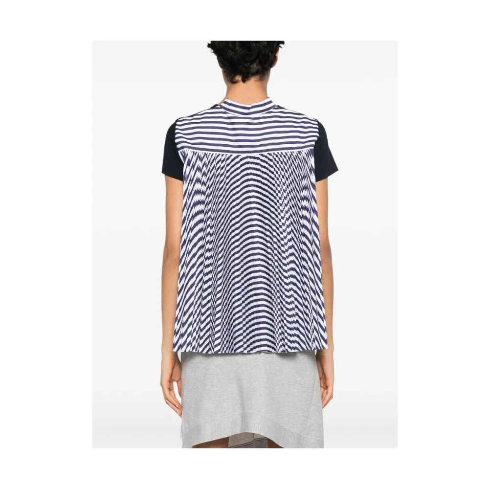 Sacai Gestreept Crew Neck Katoenen T-shirt Blue Dames