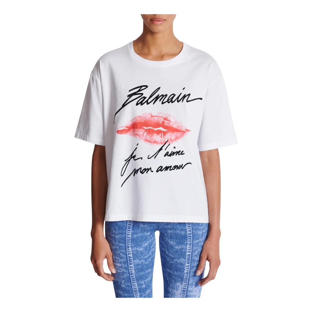 Balmain T-shirt met kusprint en korte mouwen White Dames