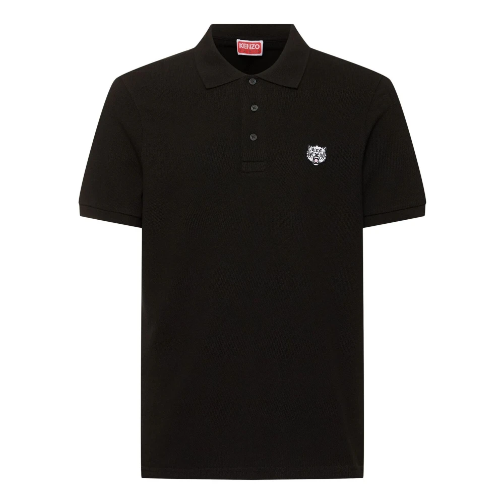Kenzo Zwarte Poloshirts Voorkant Knoop Korte Mouwen Black Heren