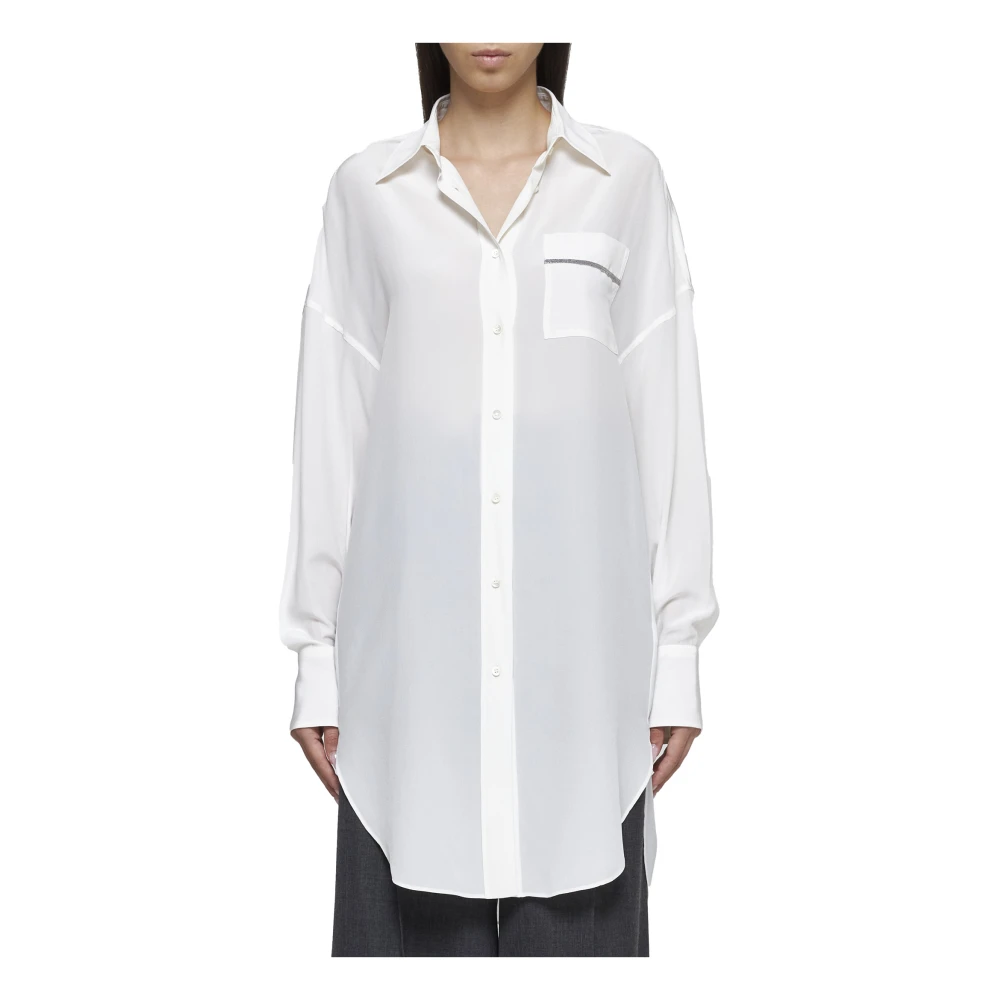 BRUNELLO CUCINELLI Natuurlijke Zijden Lange Blouse Puntkraag White Dames
