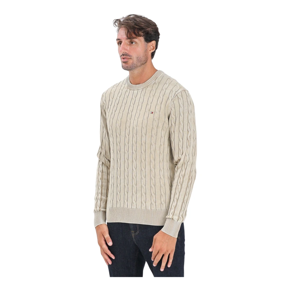 Tommy Hilfiger Men's Beige Vintage Crewneck Jumper - Round-Neck Knitwear - L - Knitwear