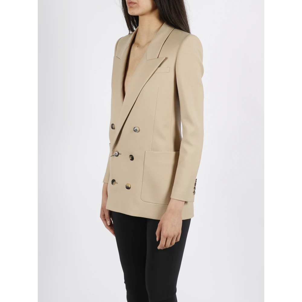 Saint Laurent Wollen Gabardine Double-Breasted Blazer Beige Dames