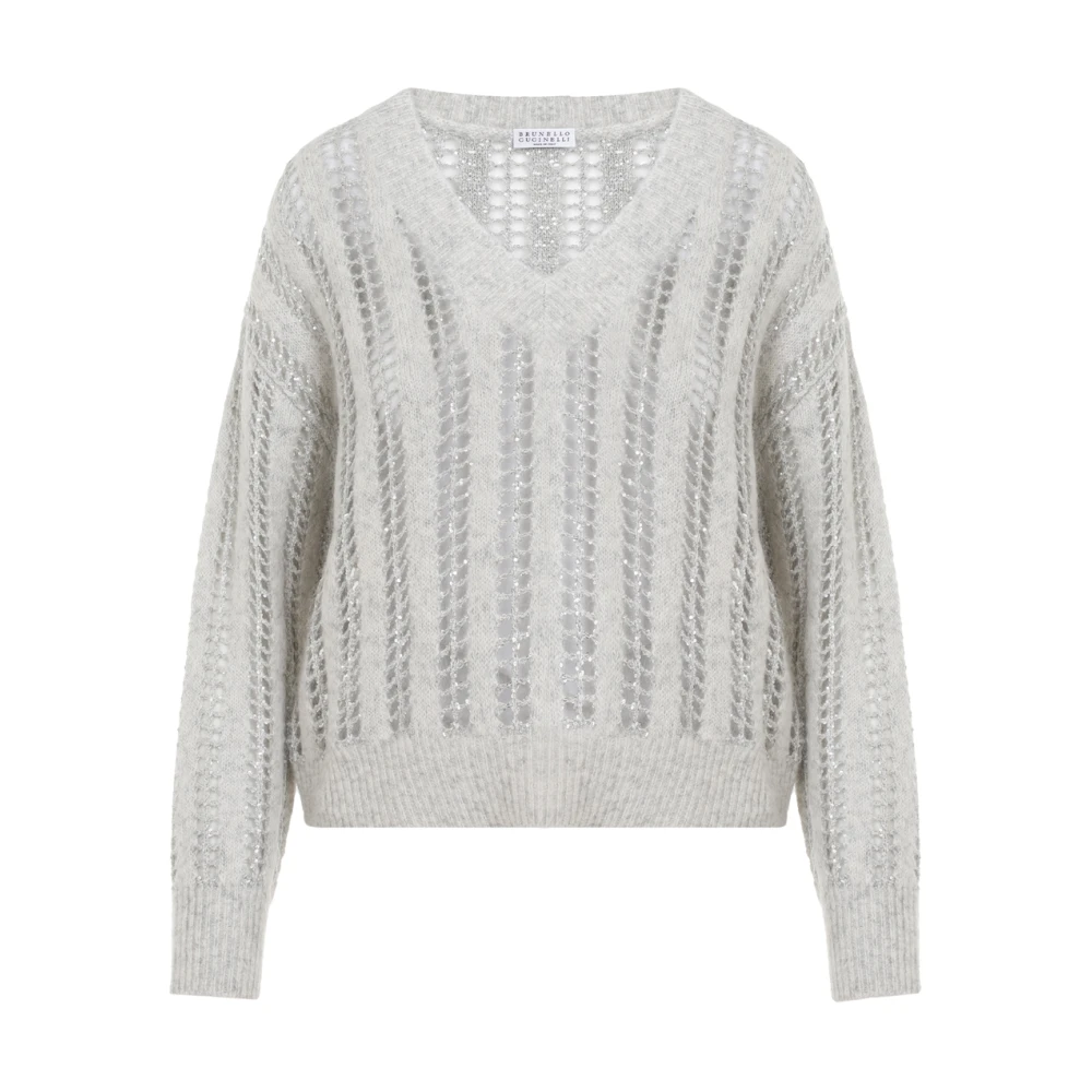 BRUNELLO CUCINELLI Glanzend Net V-hals Top Gray Dames