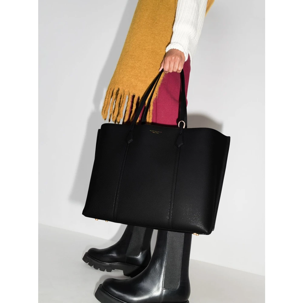 TORY BURCH Zwarte leren Triple-Compartment Tote Tas Black Dames
