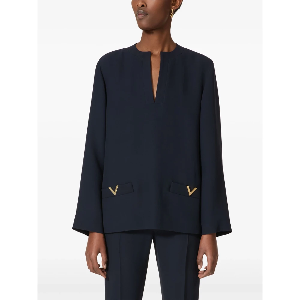 Valentino Garavani Blauwe Zijden Shirt V Gouden Detail Blue Dames