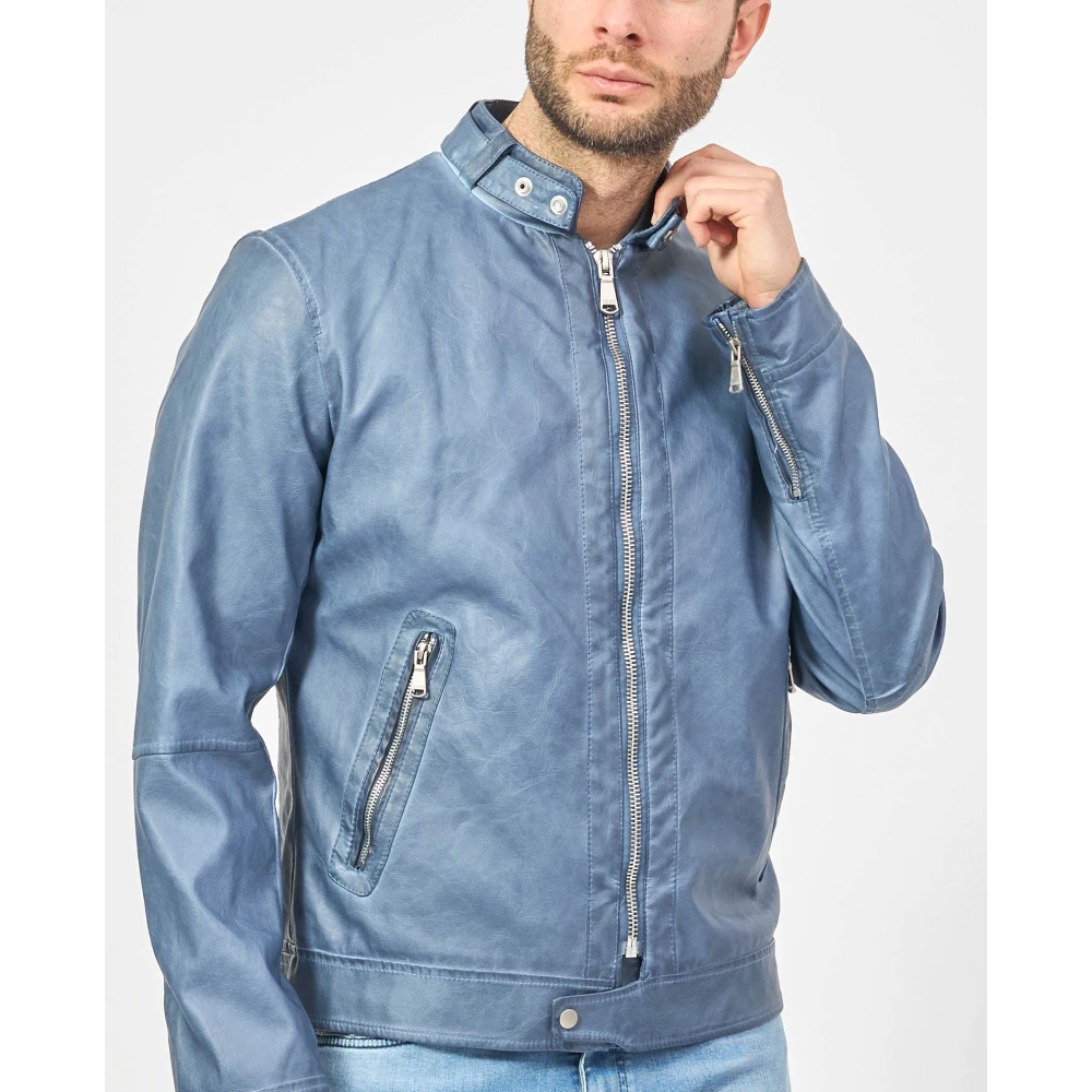 YES ZEE Blauwe Leren Fullzip Jas Blue Heren