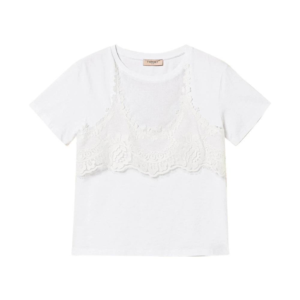 Twinset Women's White T-Shirts, Xs, Trompe L'oeil T-Shirt With Lace