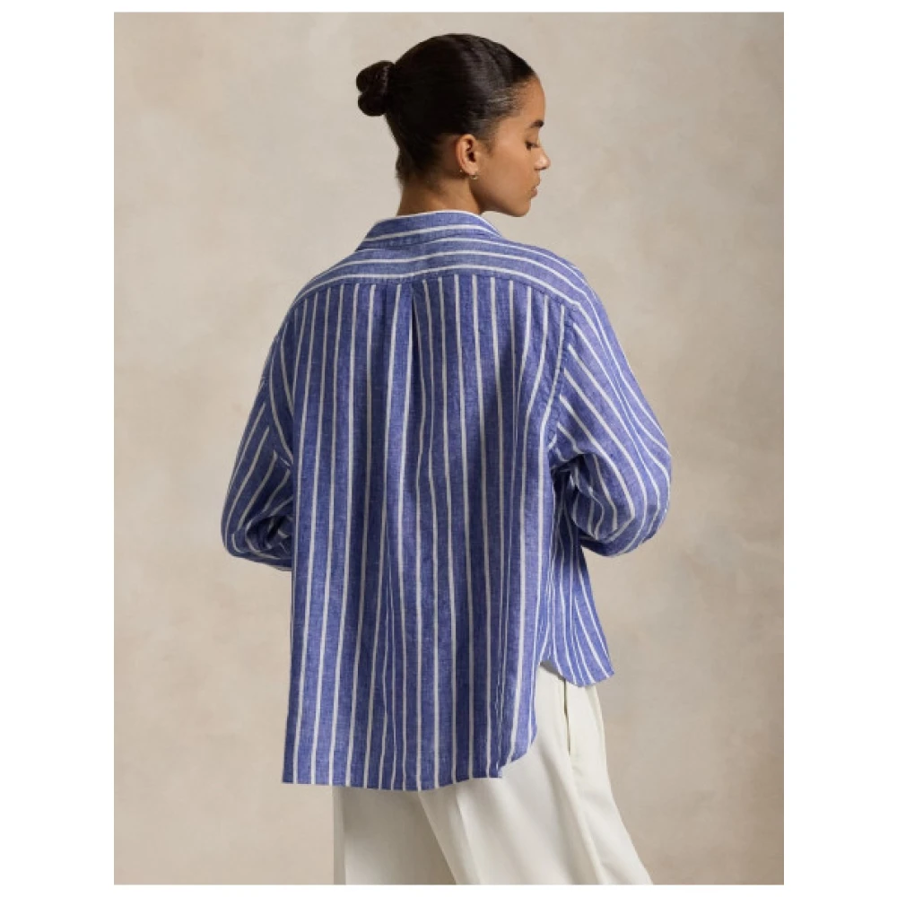 Polo Ralph Lauren Gestreepte Linnen Crop Shirt Blauw Blue Dames