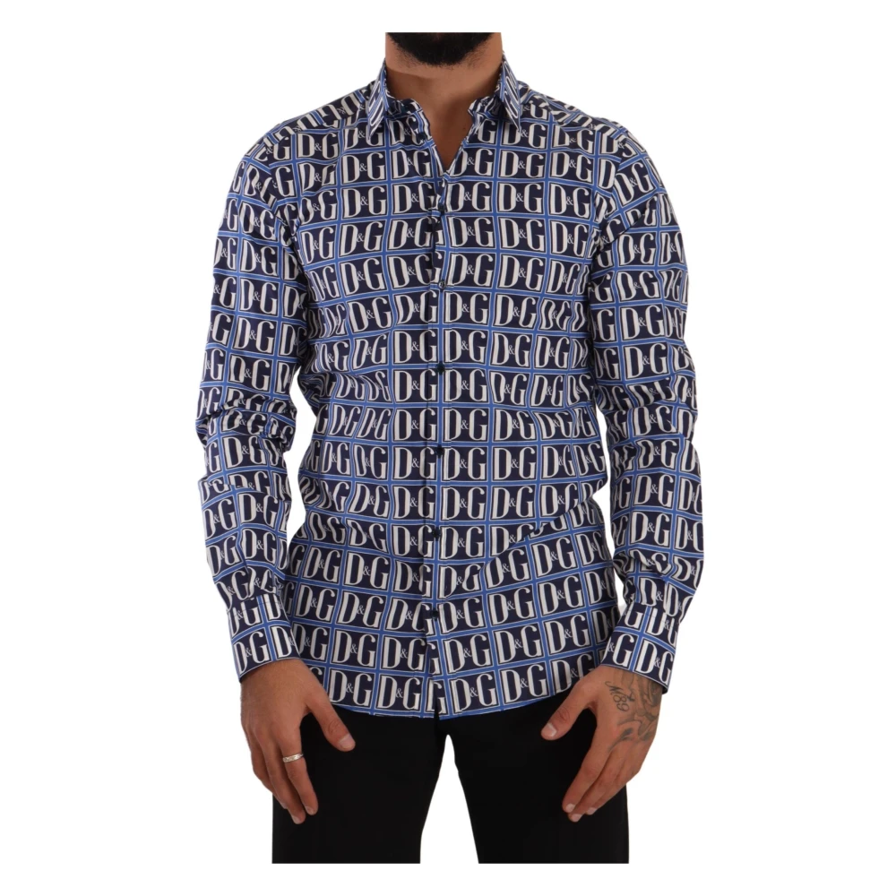 Dolce & Gabbana Men's Blue Logo Mania Slim Fit Cotton Shirt