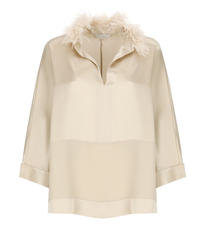 beige-silk-t-shirt-with-feather-collar