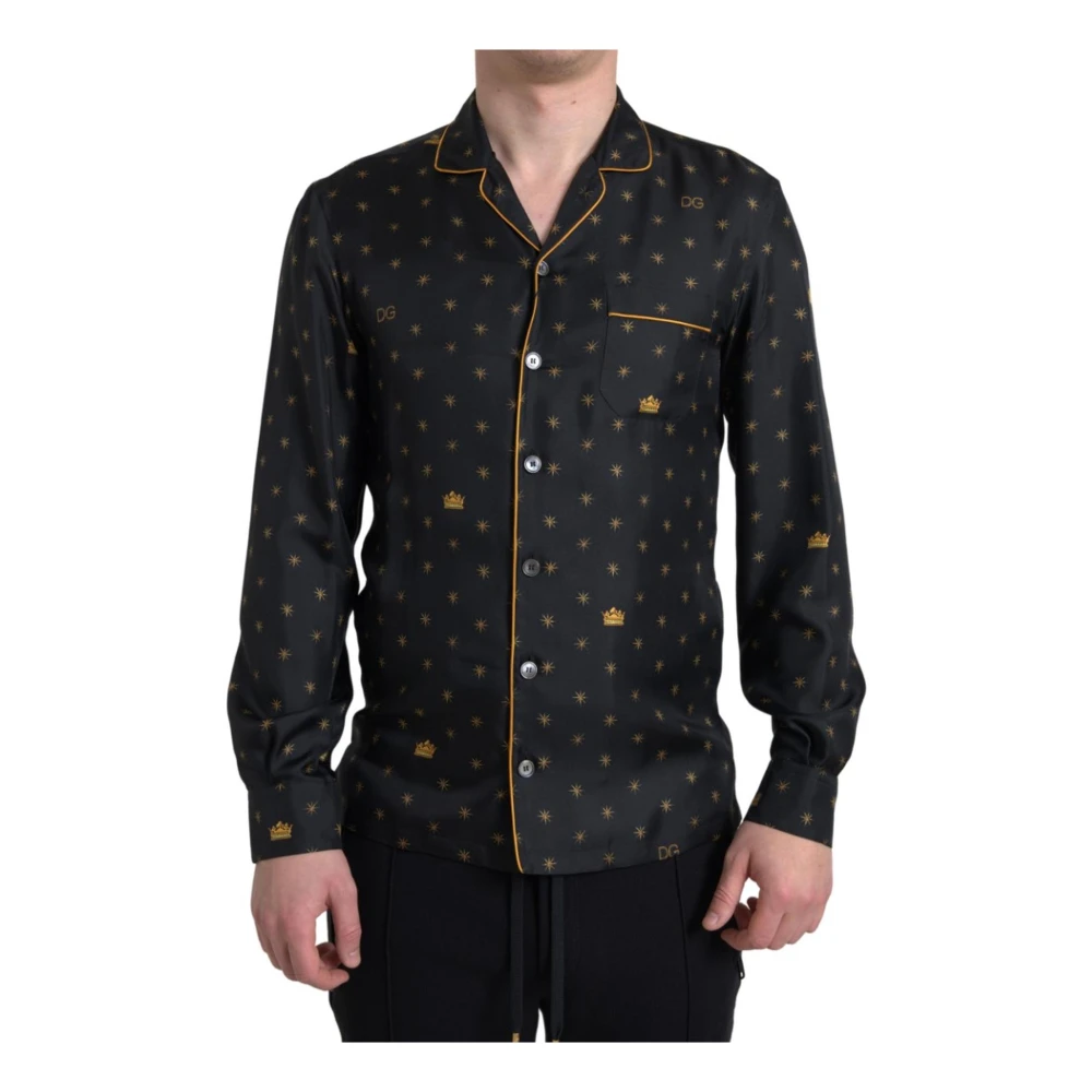 Dolce & Gabbana Gouden Ster Kroon Zijden Pyjama Shirt Black Heren