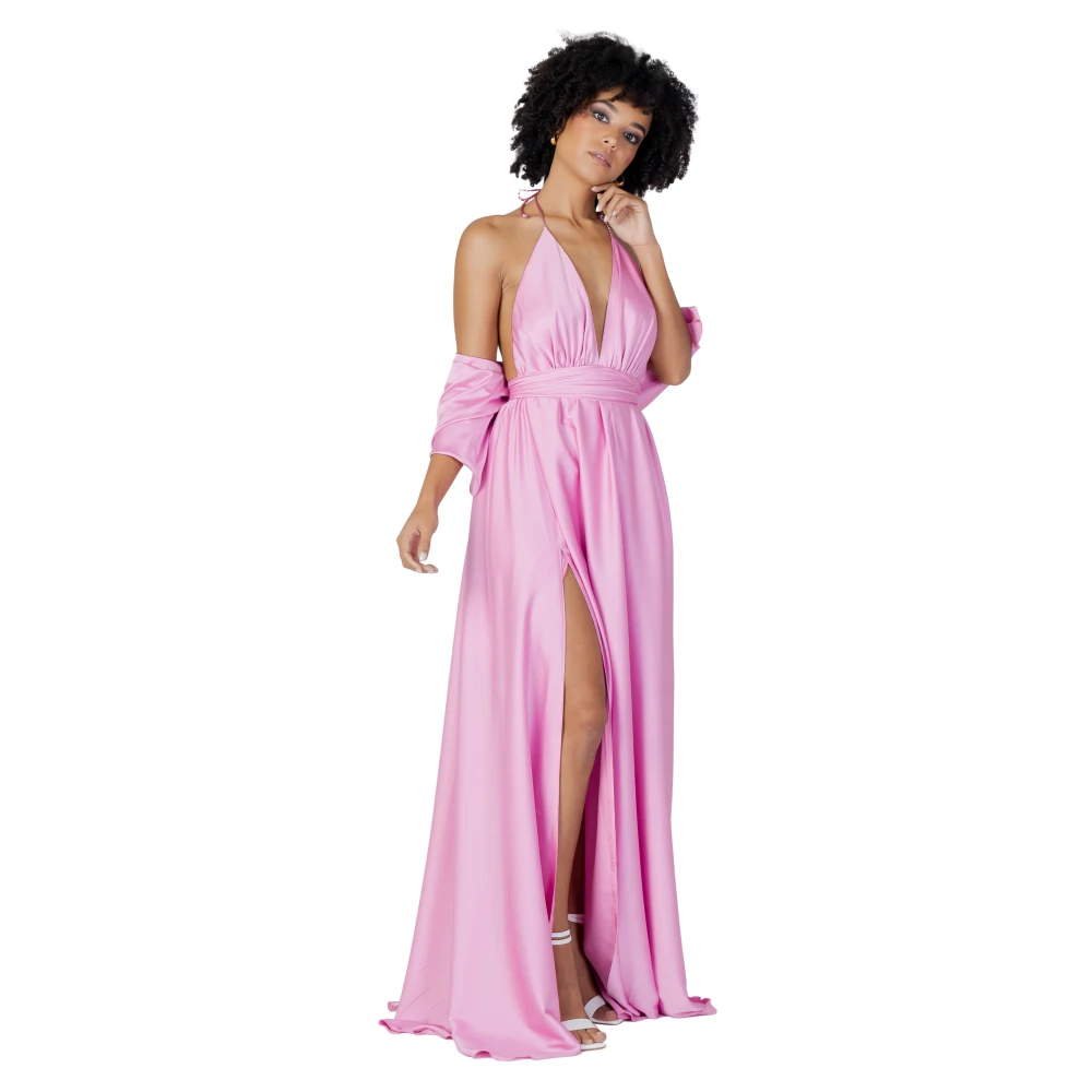 Sol Wears Women Roze Satijnen Maxi Jurk met Sjaal Pink Dames