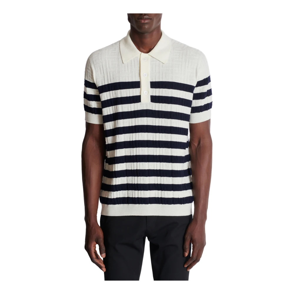 Balmain Gestreept Gebreid Poloshirt met Monogram White Heren