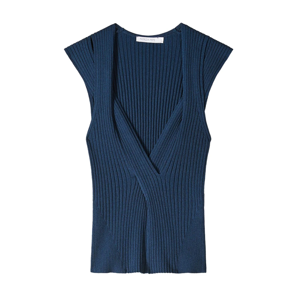 Patrizia Pepe Women's Blue Ribbed V-Neck Top - Sleeveless Tops - Xs - Tops